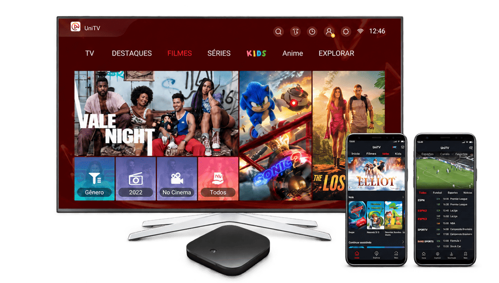 App UniTV mostrando canais ao vivo em HD, filmes e séries prontos para streaming